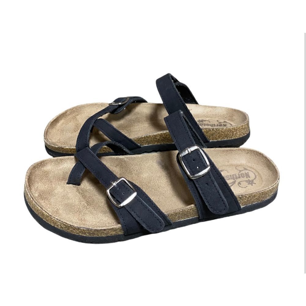 Northside Black Leather Strap Slip On Sandal NEW